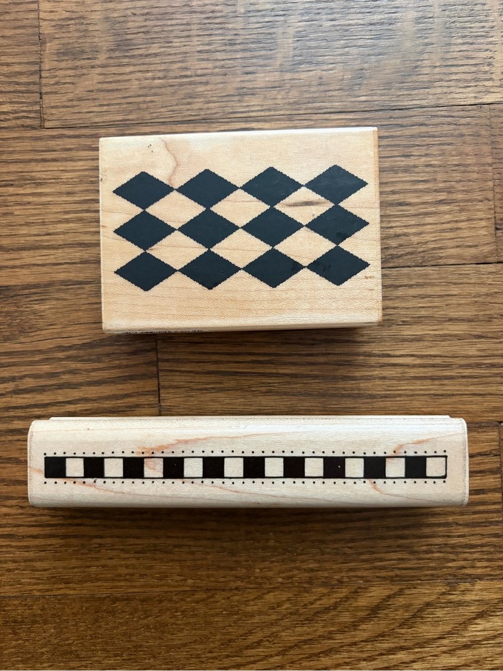 Lot of 2 Wood Mounted Rubber Stamps Checkered Border Diamond Shape Arts Crafts